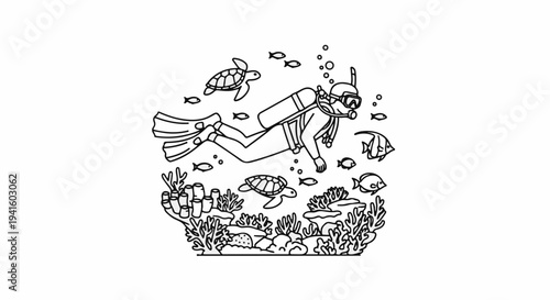 A diver explores a vibrant coral reef teeming with sea turtles and fish