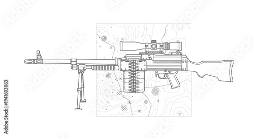Sniper Rifle Blueprint with Topographic Map Background