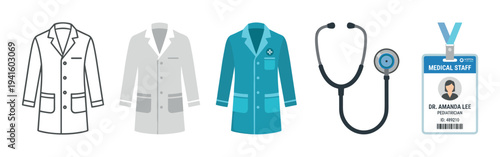 Collection of medical professional icons including various doctor coats, a stethoscope, and a staff ID badge in a flat vector illustration style for healthcare concepts