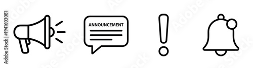Four black outline icons representing announcement, notification, and alerts with a megaphone, speech bubble, exclamation mark, and bell in a minimalist line art style