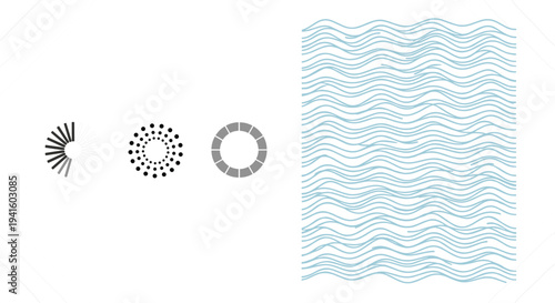 Loading Spinner Icons and Abstract Wavy Line Pattern Set Featuring Progress Indicators and Flowing Water Texture Background