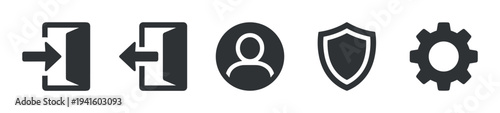 Five dark gray flat user interface icons representing login, logout, user profile, security, and settings, presented in a clean, modern, and minimalist design