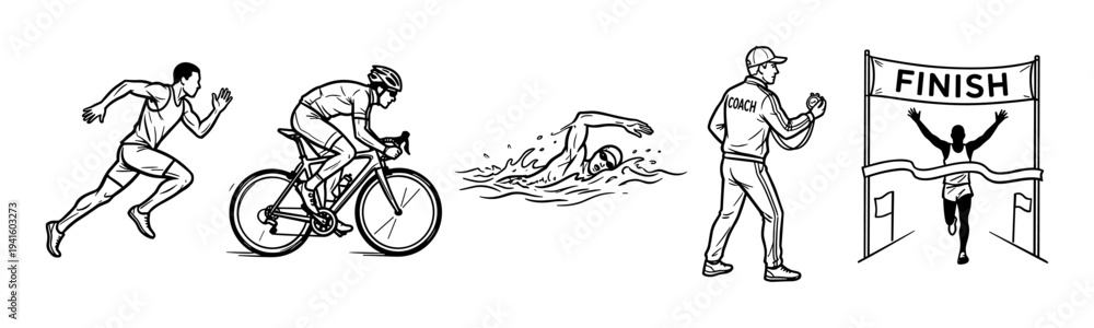 Obraz premium Set of hand-drawn triathlon sport illustrations showing a runner, cyclist, swimmer, coach, and a winner crossing the finish line in a simple black and white sketch style
