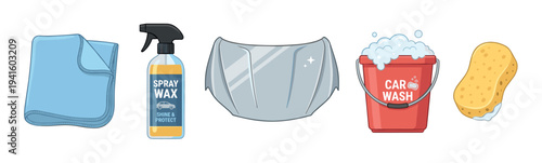 Set of car washing and detailing tools including a blue microfiber cloth, spray wax, shiny hood, red bucket with foam, and a yellow sponge in a flat vector illustration style