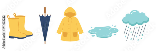 Set of cute rainy weather illustrations featuring yellow rubber boots, a blue umbrella, a hooded raincoat, a puddle, and a cloud with raindrops in a simple flat vector style