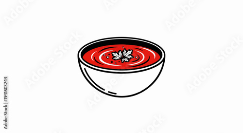 A simple illustration of a bowl of steaming red soup with a leaf garnish
