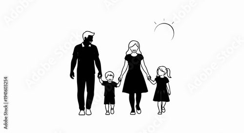 A family of four walking together holding hands under a sun