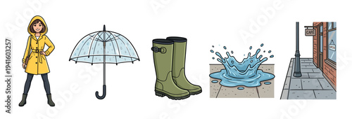 Set of rainy day cartoon illustrations showing a woman in a yellow raincoat, a transparent umbrella, green rubber boots, a puddle splash, and a city street cafe scene