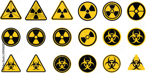 Radiation and Biohazard Warning Icon Set Featuring Nuclear Hazard and Biohazard Symbols for Safety, Danger, and Toxic Risk Signs