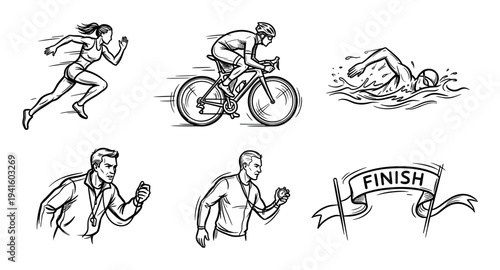Dynamic set of hand-drawn triathlon icons in a black and white sketch style, featuring a runner, cyclist, swimmer, coach with a stopwatch, and a finish line banner