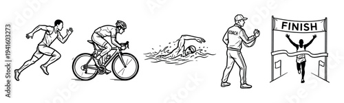 Set of hand-drawn triathlon sport illustrations showing a runner, cyclist, swimmer, coach, and a winner crossing the finish line in a simple black and white sketch style