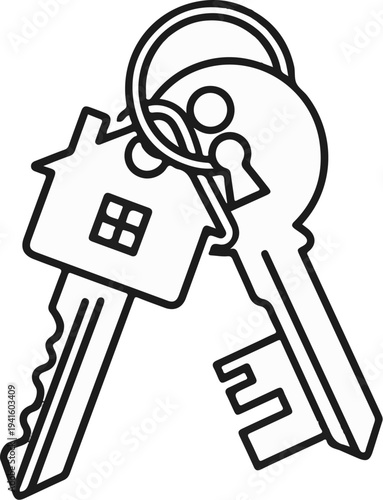 A simple line art illustration depicts two keys on a ring, one shaped like a house with a window