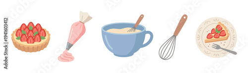 Various colorful baking and dessert items are displayed in a cheerful flat illustration style, featuring strawberry tarts, a piping bag, a bowl with a whisk, and a tart slice on a plate