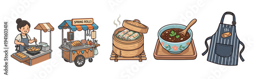 Set of hand-drawn spring roll illustrations featuring a street food vendor, a cart, steamed rolls in a bamboo basket, dipping sauce, and an apron in a cute cartoon doodle style