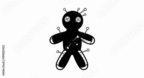 A black voodoo doll with buttons for eyes is pierced by several pins