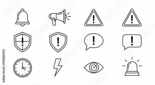 A collection of 12 outline icons representing alerts and warnings