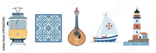 Set of cultural heritage icon illustrations showing a vintage yellow tram, a blue ornamental tile, a traditional guitar, a historic sailboat, and a coastal lighthouse