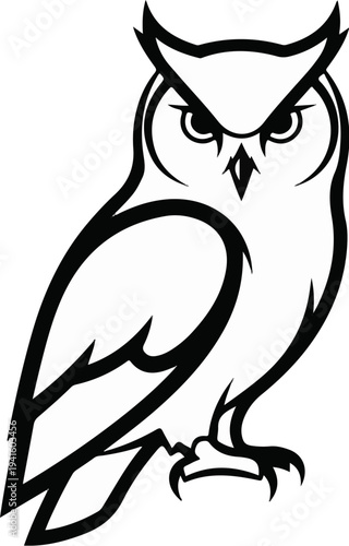 A bold black outline illustration of a large owl perched with intense eyes