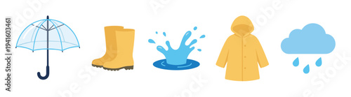 Set of rainy day weather icons including an umbrella, rubber boots, a puddle splash, a raincoat, and a cloud with raindrops in a flat cartoon vector illustration style