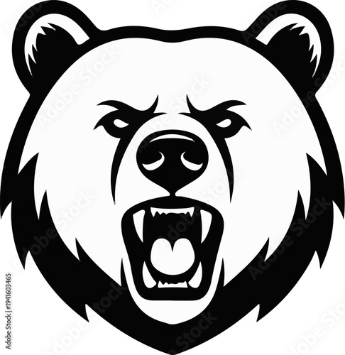 A fierce black and white graphic of a roaring bear's head