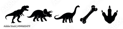 Set of black dinosaur vector silhouettes including a carnivorous predator, a horned herbivore, a long-necked sauropod, a fossilized bone, and a large footprint icon for design