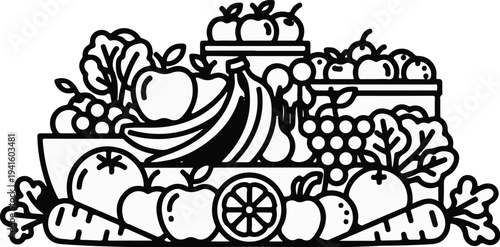 A bounty of fresh fruits and vegetables arranged in stylized crates