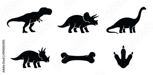 Collection of six black dinosaur icons featuring a T-Rex, Triceratops, Brachiosaurus, a fossilized bone, and a large footprint, presented as a simple vector illustration set