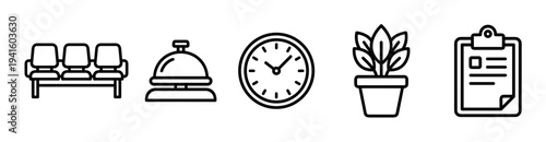 Set of five black line icons representing a waiting room or reception area, including chairs, a service bell, a clock, a potted plant, and a clipboard with a document