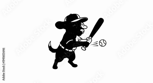 A cartoon dog in baseball attire swings a bat at a pitched ball