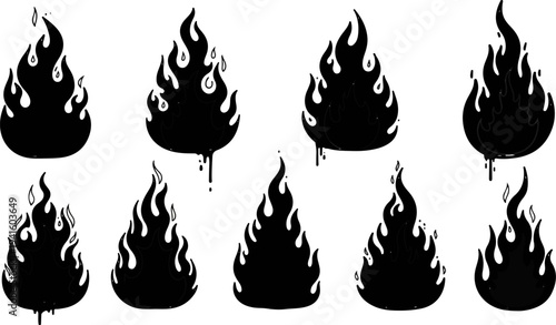 A collection of black flame icons with dripping effects and highlights