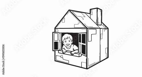 A cheerful child peeks out from the window of a stylized, simple house