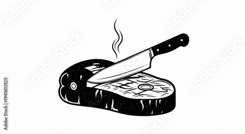 A chef's knife slicing a hot, raw steak with visible grill marks