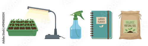 Gardening equipment set for starting seeds indoors includes a seedling tray under a grow light, a spray bottle, a planner, and a bag of organic potting soil in a flat vector style