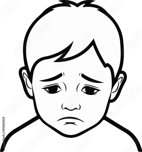 A child's face with a sad expression, downcast eyes, and downturned mouth