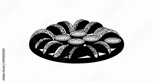 A circular arrangement of tacos with dipping bowls in the center