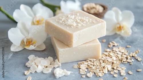 Two stacked square soaps with flower and oats. Top soap decorated. Light colored surface with various textures