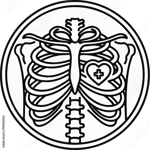 A circular emblem displaying a stylized ribcage with a heart