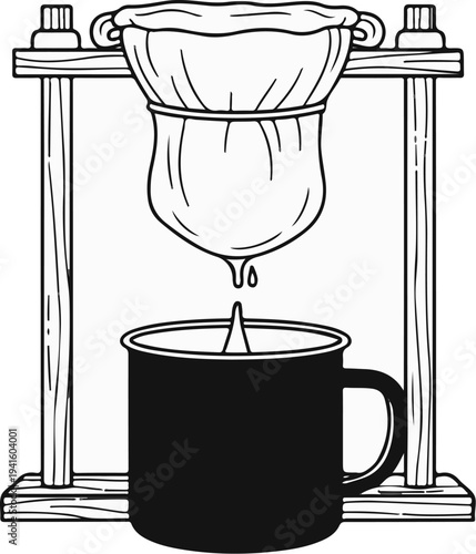 A cloth filter dripper suspended over a mug, dripping liquid into it