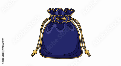 A closed, deep blue drawstring pouch with golden trim and cords