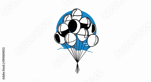 A cluster of black and white balloons floats against a blue circle