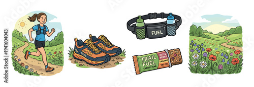 Hand-drawn set of trail running elements showing a woman jogging, athletic sneakers, a hydration belt, an energy bar, and a scenic wildflower meadow with a winding path