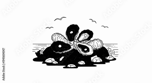 A cluster of open oysters rests on rocks in the sea with seagulls overhead