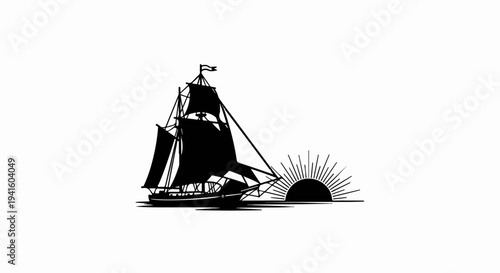 A silhouetted sailing ship glides on the water near a radiating sun