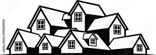 A cluster of stylized, black and white homes with simple window designs