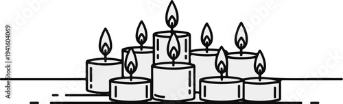 A cluster of nine lit candles, varying in height, arranged in a line