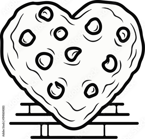 A black and white illustration of a heart-shaped pizza with toppings