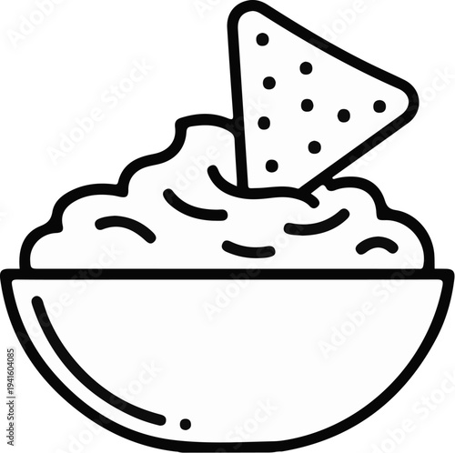 A simple line drawing of a bowl of dip with a single chip