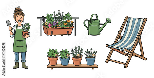 Collection of hand-drawn gardening illustrations featuring a happy woman, potted herbs, a watering can, a deck chair, and a balcony planter box with colorful flowers