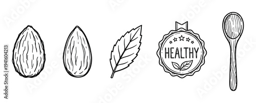 Hand-drawn healthy food icon set with almonds, a leaf, a quality badge, and a wooden spoon, illustrated in a simple black and white line art doodle style for organic concepts