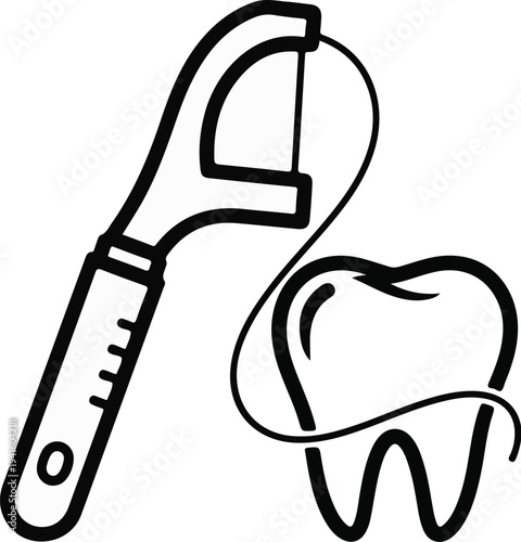A black and white illustration of a dental floss holder with floss around a tooth